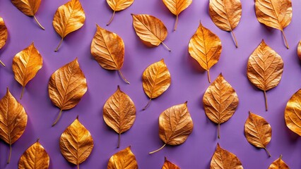 Pattern of dry orange metallic leaves on violet background, botanical, autumn,  botanical, autumn, abstract, metallic, texture