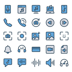 Filled blue outline icons set for Audio, photography