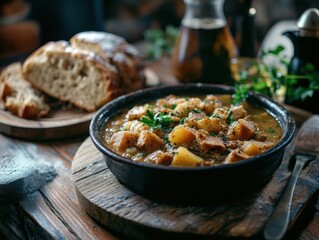 Traditional Irish stew with soda bread on a wooden table, close-up with rustic decor