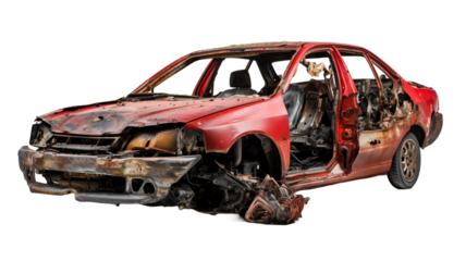 Unattended abandoned car on a scrap yard on transparent background.
