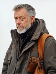 Fototapeta premium Portrait of a serious middle-aged man with salt-and-pepper beard, wearing a warm jacket and carrying a leather shoulder bag