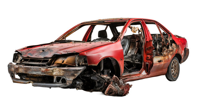 Unattended abandoned car on a scrap yard on transparent background.
