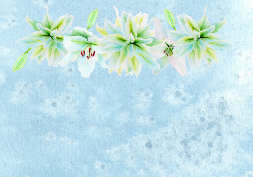 White lily flower garland watercolor illustration on light blue. High quality clip art perfect for cards, posters, stickers, Easter, Passover, Holy Thursday, christening baptism wedding church decor