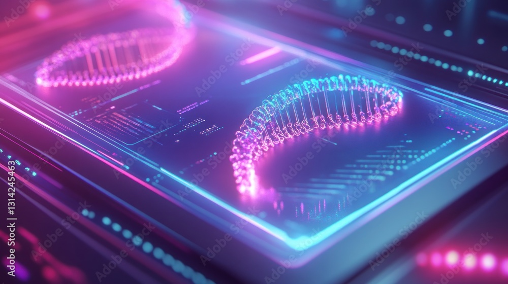 Poster futuristic dna structure displayed on a glowing digital interface