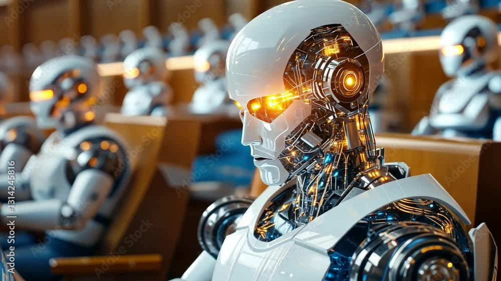 Poster advanced robotic figures engage in complex computations in a high-tech auditorium environment