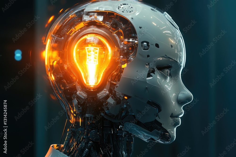 Aufkleber a transparent robotic head with a glowing lightbulb inside, symbolizing ai innovation and intelligen
