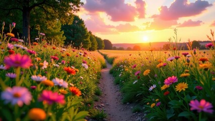 Obraz premium A Serene Sunset Stroll Through a Vibrant Wildflower Meadow Path