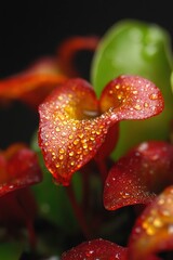 Close-up, vibrant red-orange leaves with water droplets