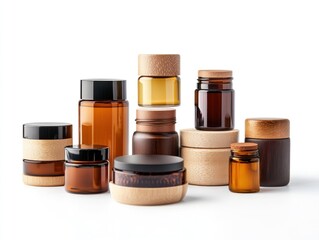 Assorted amber glass and wooden cosmetic containers