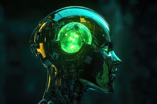 A metallic robotic head with a glowing green core, showcasing advanced AI technology. - Powered by Adobe