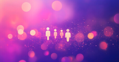Image of glowing light spots moving and people icons over purple background
