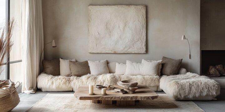  A cohesive interior design style with neutral color palette, minimalist, textural elements. Generative AI
