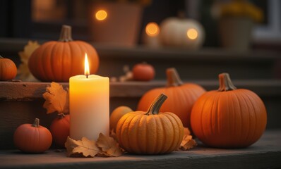 Autumn scene with pumpkins and candle
