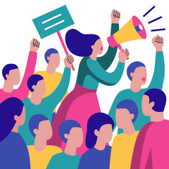 A modern, flat-style illustration of a protest with a woman leading the crowd using a megaphone. Perfect for articles, campaigns, posters, websites, social media, materials on human rights, activism.