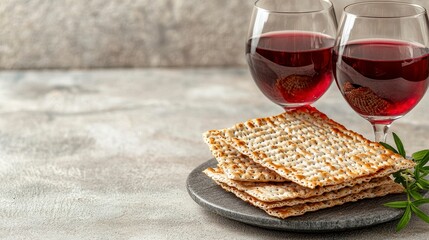 Matzah Crackers and Red Wine on Dark Stone Plate