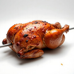 close up, showcasing a single roasted chicken, positioned horizontally on a large metal skewer on white background