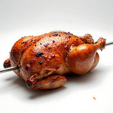 close up, showcasing a single roasted chicken, positioned horizontally on a large metal skewer on white background