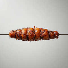 close up, showcasing a single roasted chicken, positioned horizontally on a large metal skewer on white background