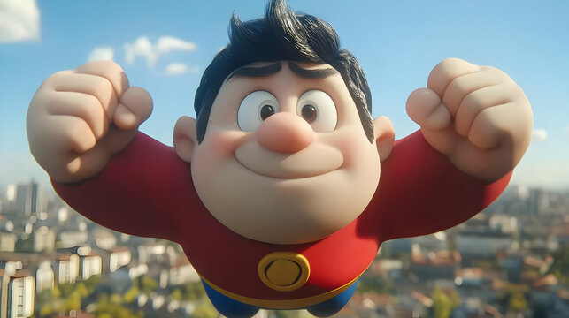Joyful Cartoon Superhero Flying Over Cityscape - Powered by Adobe