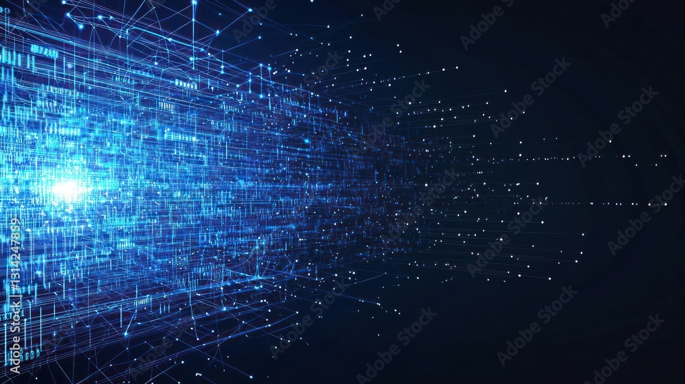 Poster abstract blue digital data grid illuminated with bright light and structured information
