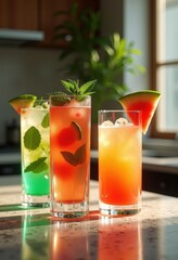 Fototapeta premium vibrant beverage creations displayed modern glassware intricate color schemes artistic flair, drink, cocktail, cup, mug, tumbler, layer, refreshment