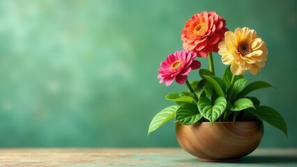 Vibrant blossoms in a rustic wooden bowl, a delightful springtime arrangement against a muted green backdrop