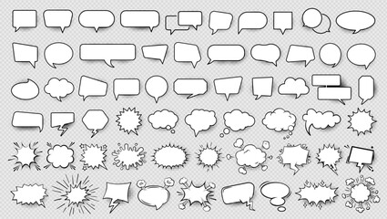 Set of hand drawn chat balloon, comic speech bubble icon, dialogue frame, message idea, quote, or cloud information sticker, cartoon text box symbol silhouette with halftone for social media business.