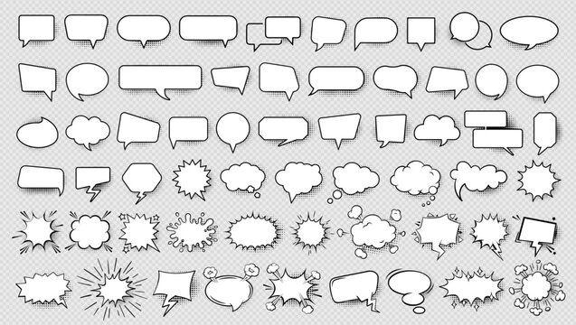 Set of hand drawn chat balloon, comic speech bubble icon, dialogue frame, message idea, quote, or cloud information sticker, cartoon text box symbol silhouette with halftone for social media business.