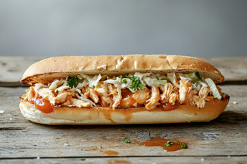 A delicious shredded chicken sandwich with coleslaw and sauce, served on a rustic wooden table, offering a mouthwatering and savory dining experience.