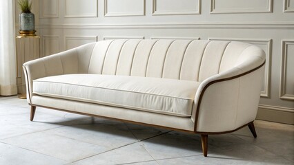 Elegant Curved Sofa: A sophisticated off-white curved sofa with vertical channel tufting and dark wooden legs sits elegantly in a bright, modern interior. 