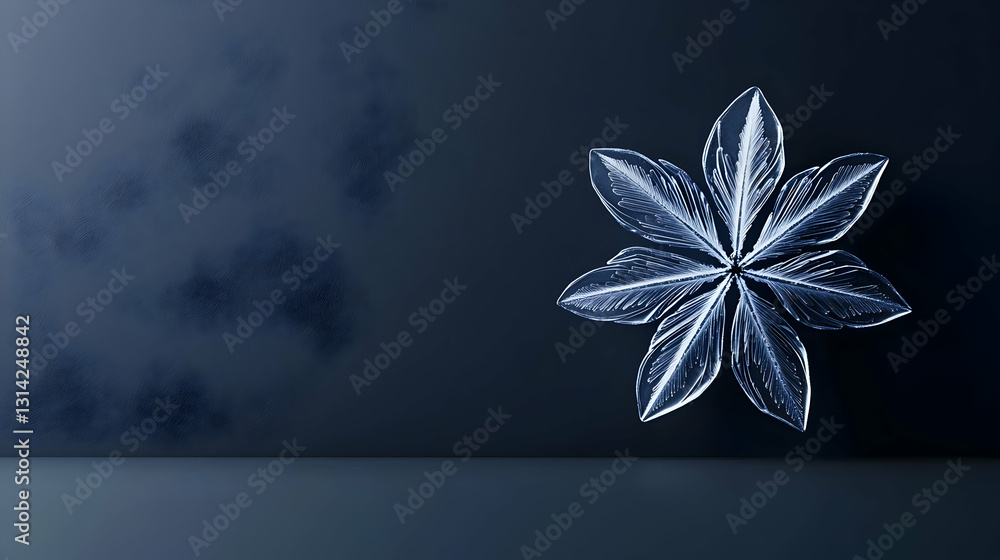 Poster glowing white stylized leaves on dark blue textured background with empty space 3d rendering