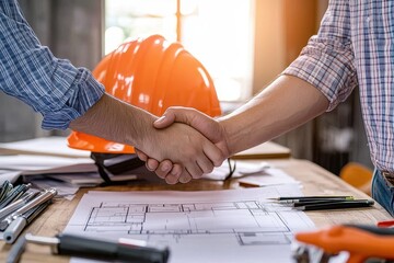 Contractor and architect shaking hands over project plans with construction tools in background