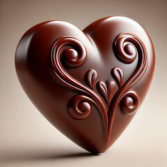 An exquisite chocolate heart with a luxurious bas-relief pattern of swirling ornaments and leaves