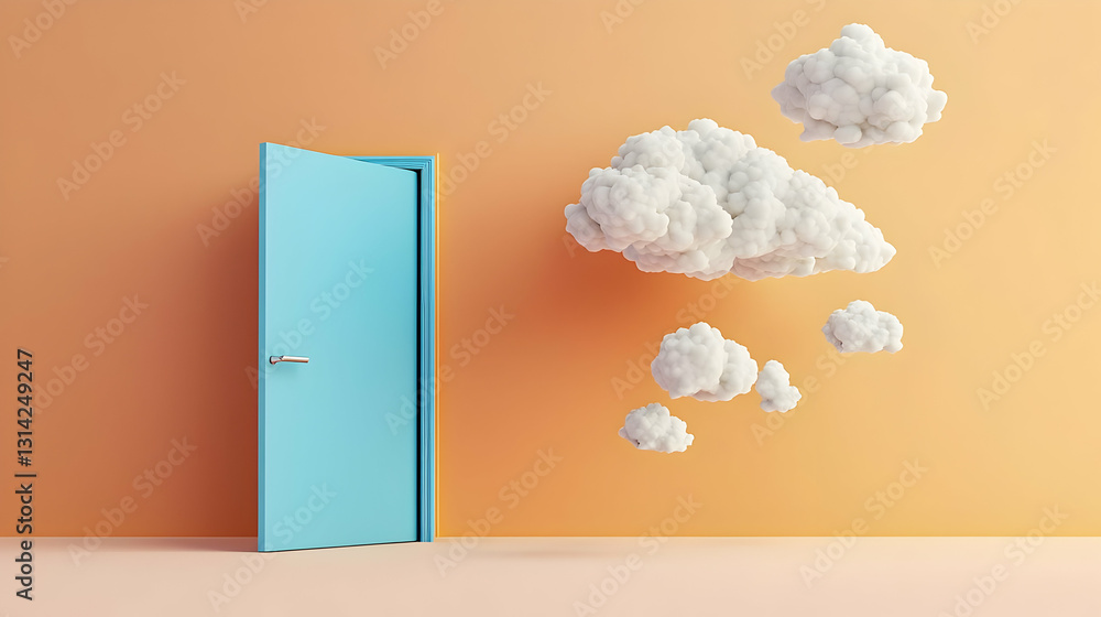 Poster a slightly open pastel blue door with fluffy white clouds floating in a peach colored room with soft