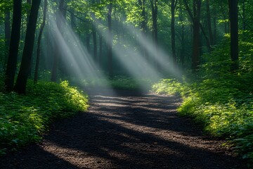 Obraz premium Sunlit Forest Pathway: Tranquil Nature Scene for Meditation and Inspiration