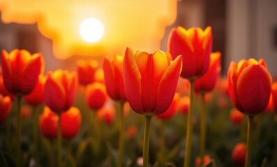 Vibrant orange tulips at sunset