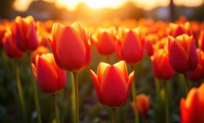Vibrant tulips at sunset