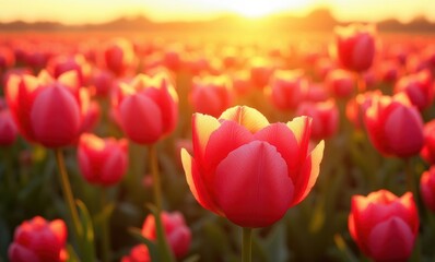Vibrant pink tulips at sunset