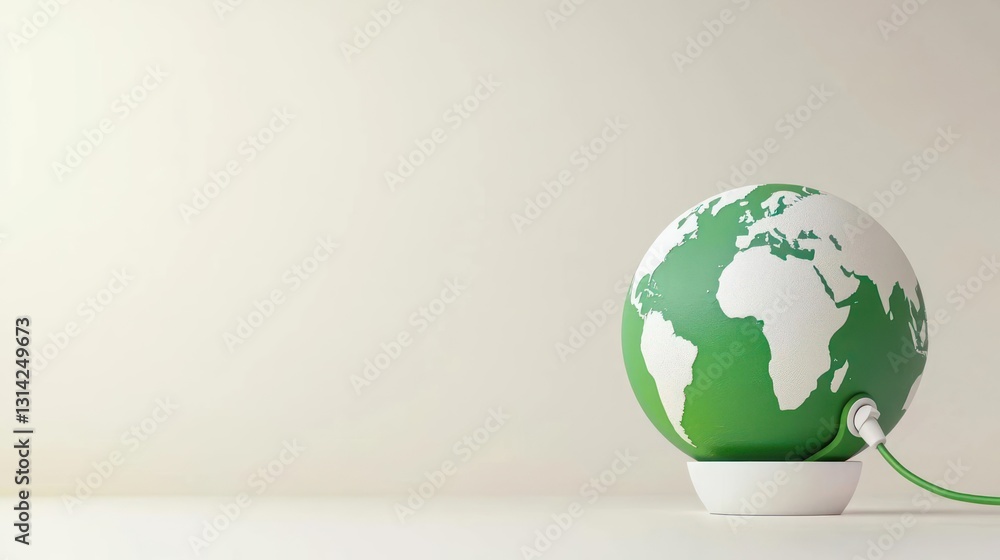 Poster green earth globe with power plug on white table against cream background emphasizing environmental 