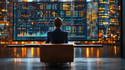 Visionary at Work: A businesswoman sits before a giant screen displaying complex data visualizations, reflecting on business data. The scene is set against a backdrop of a modern cityscape at night. - Powered by Adobe