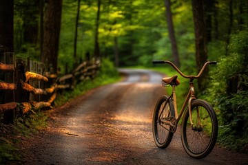 Fototapeta premium Serene Countryside Road with Bicycle Leaning Against Wooden Fence in Tranquil Setting