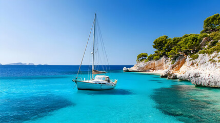 White Sailboat Anchored in Turquoise Bay with Lush Green Coastal Cliffs on Sunny Day in Greece