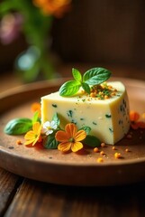 A delectable wedge of herb-infused cheese, adorned with vibrant orange blossoms and fresh herbs, rests on a rustic wooden surface.