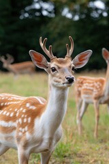 Fototapeta premium A deer with antlers stands in a field with other deer. The deer is the main focus of the image, and it is looking at the camera