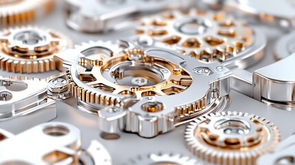 Intricate Close up of Polished Silver and Gold Gears in Complex Mechanism