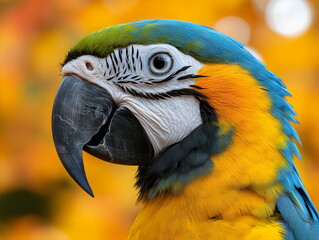 Fototapeta premium Colorful macaw stands proudly, showcasing its bright blue and yellow feathers amidst a warm, orange autumn landscape. The bird's striking features capture the essence of nature