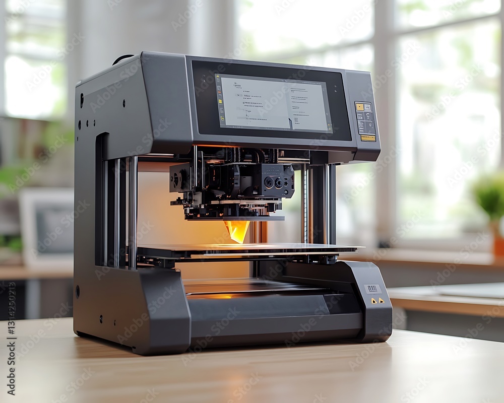 Poster a modern black 3d printer creating an object on a table