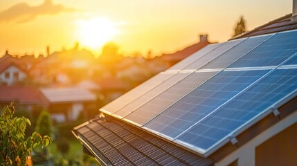 Obraz premium Modern house with blue solar panels under warm sunset, blending sustainability with serene beauty.
