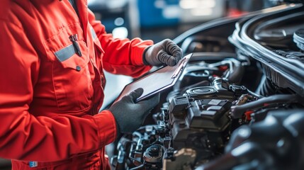 Fototapeta premium Auto mechanic in red uniform inspects car engine with tablet and clipboard in close up shot