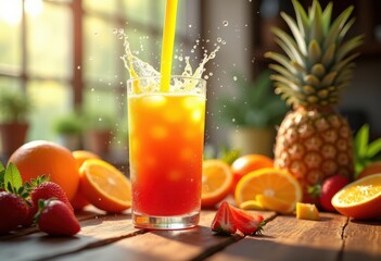 Fototapeta premium dynamic pouring action vibrant fruit juice captured energetic scene fresh ingredients eye catching details, citrus, berry, liquid, texture, refreshment